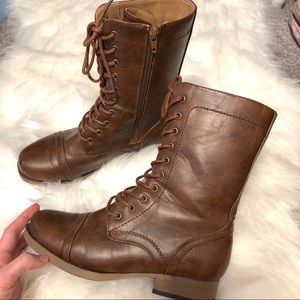 Brown Faux Leather Combat Boots